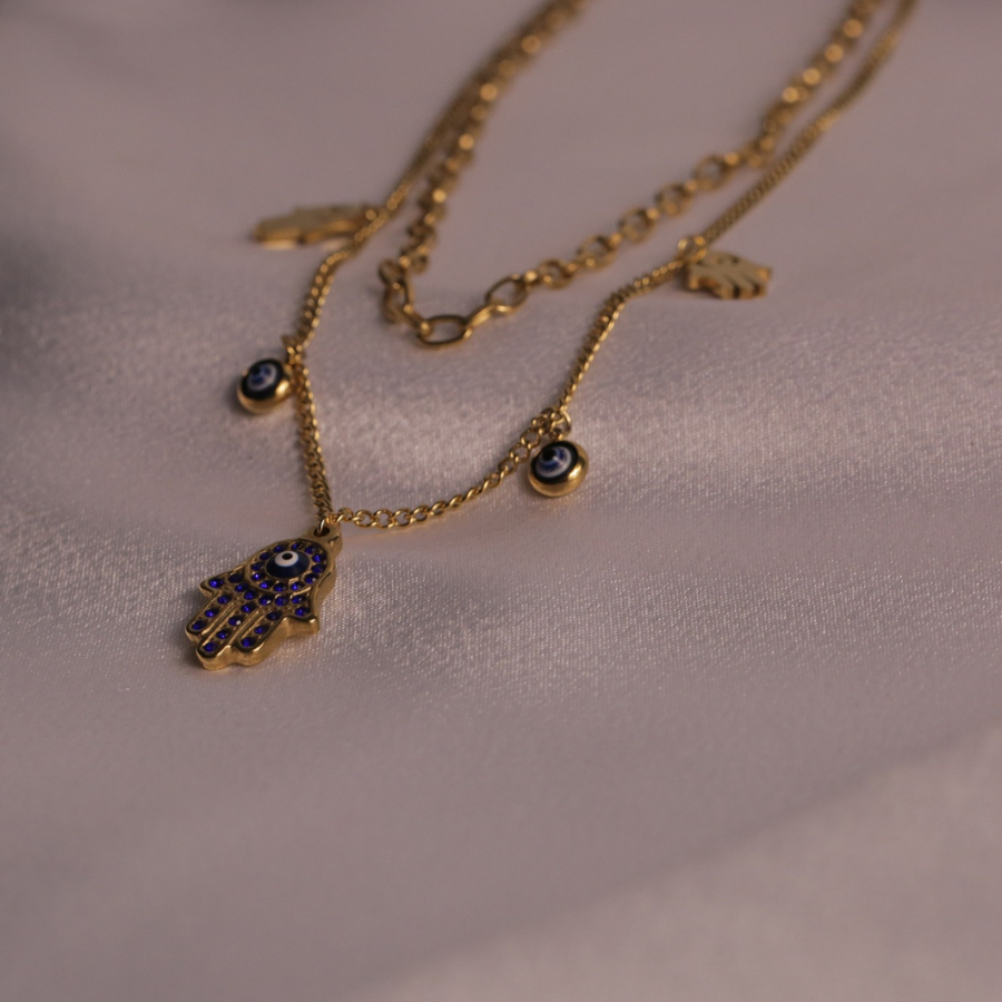 Gold Pendant Necklace with Hamsa Hand and Evil Eye