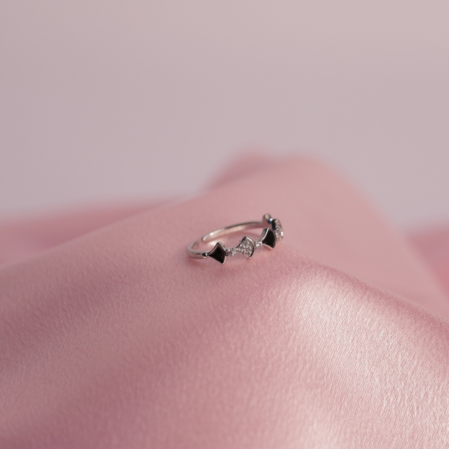 Black Enamel Bowtie Accent Silver Ring