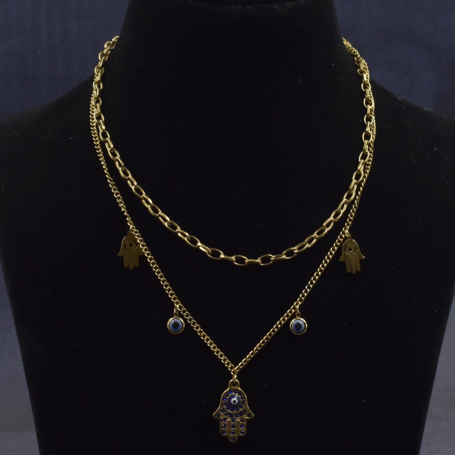 Gold Pendant Necklace with Hamsa Hand and Evil Eye