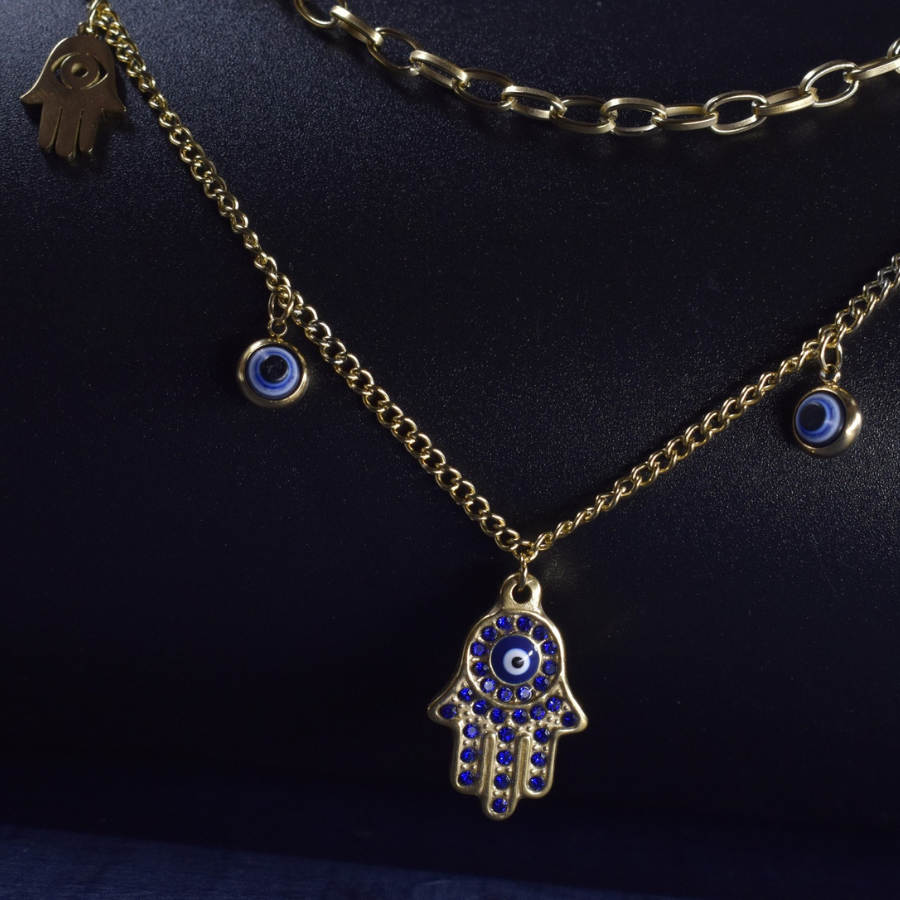 Gold Pendant Necklace with Hamsa Hand and Evil Eye