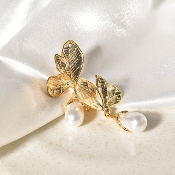 Elegant and Classic Golden Leaf Pearl Drop Earrings