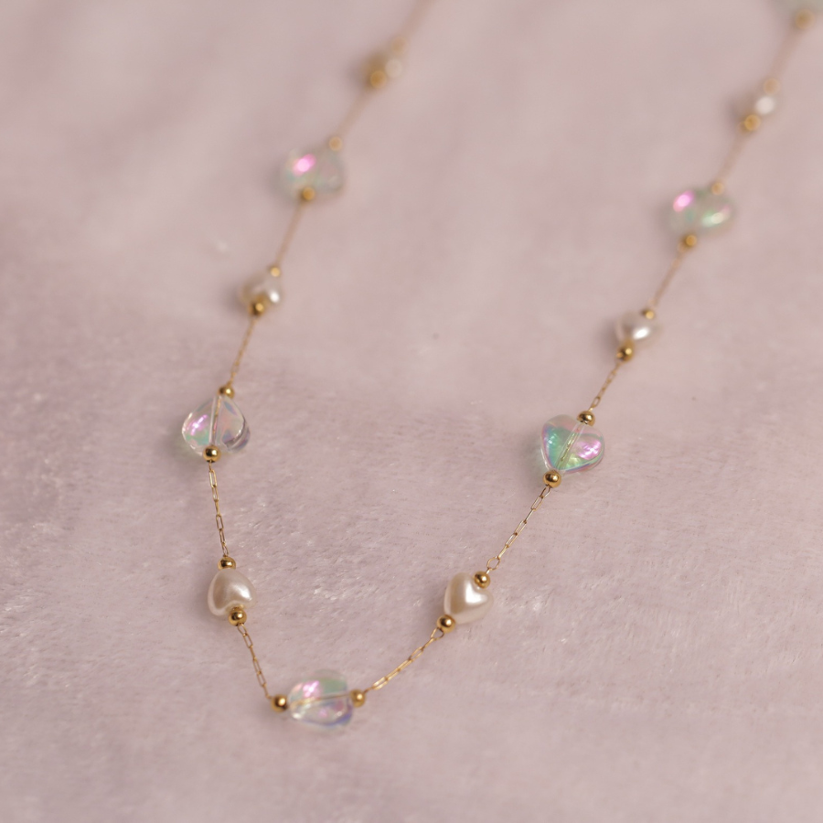 Pearl and Iridescent Crystal Gold Chain Necklace