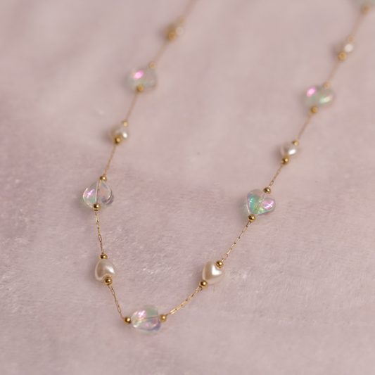 Pearl and Iridescent Crystal Gold Chain Necklace