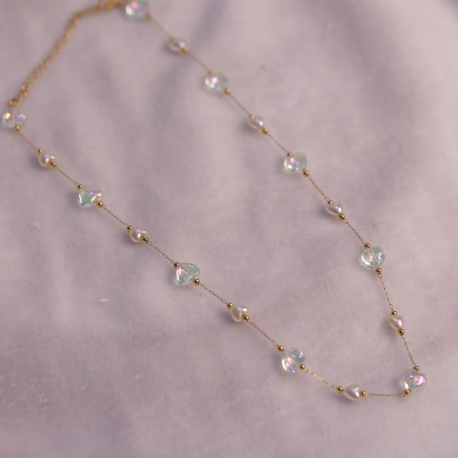 Pearl and Iridescent Crystal Gold Chain Necklace
