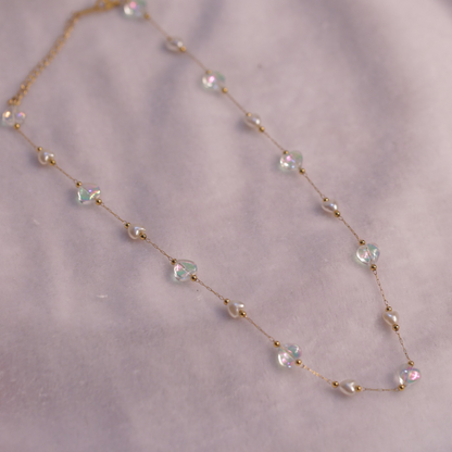 Pearl and Iridescent Crystal Gold Chain Necklace