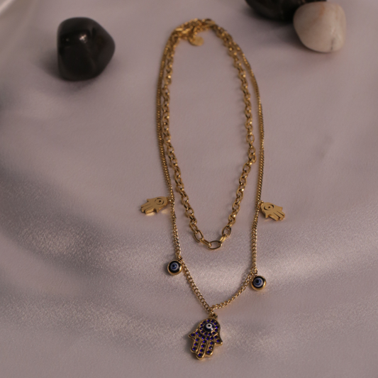 Gold Pendant Necklace with Hamsa Hand and Evil Eye