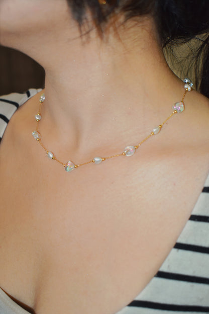 Pearl and Iridescent Crystal Gold Chain Necklace