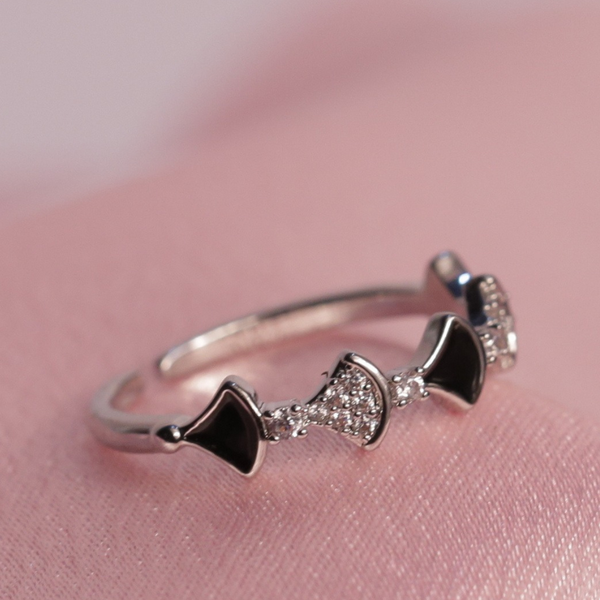 Black Enamel Bowtie Accent Silver Ring