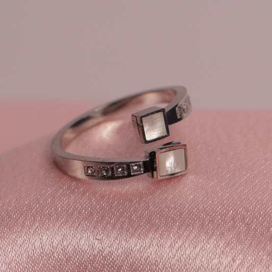 Geometric Open-End Silver Ring with Pearl Accents