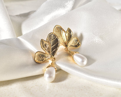 Elegant and Classic Golden Leaf Pearl Drop Earrings