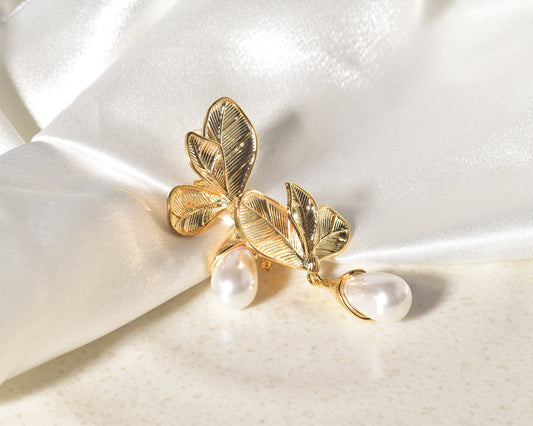 Elegant and Classic Golden Leaf Pearl Drop Earrings